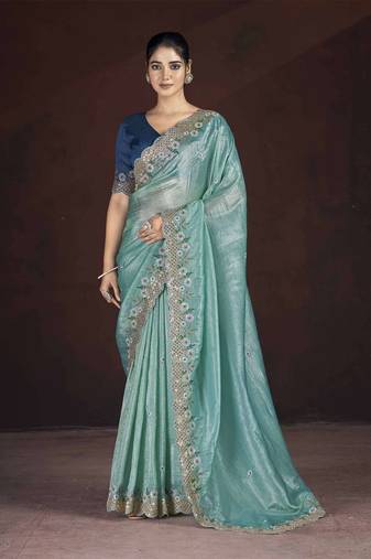 Teal georgette embroidered sequins work heavy look ethnic saree with blouse