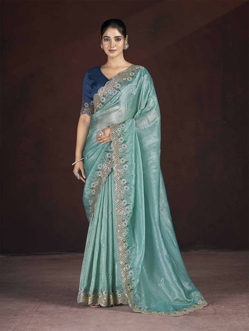 Teal georgette embroidered sequins work heavy look ethnic saree with blouse