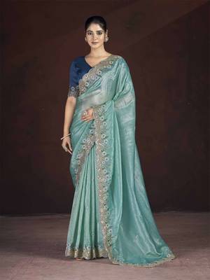 Teal georgette embroidered sequins work heavy look ethnic saree with blouse 1