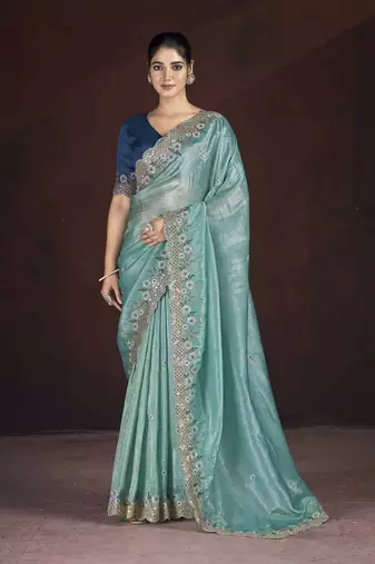Teal georgette embroidered sequins work heavy look ethnic saree with blouse