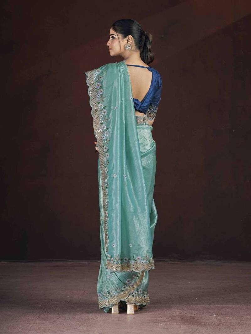 Teal georgette embroidered sequins work heavy look ethnic saree with blouse