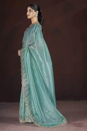 Teal georgette embroidered sequins work heavy look ethnic saree with blouse