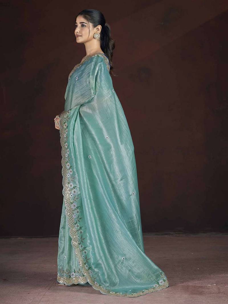 Teal georgette embroidered sequins work heavy look ethnic saree with blouse