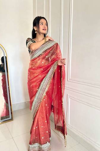Red banarasi silk embroidered sequins work heavy look ethnic saree with blouse