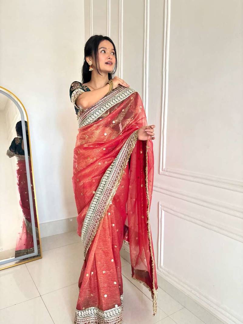 Red banarasi silk embroidered sequins work heavy look ethnic saree with blouse