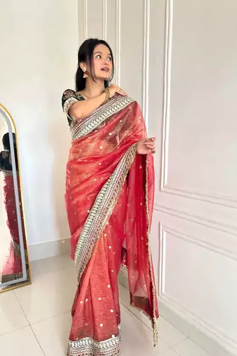 Red banarasi silk embroidered sequins work heavy look ethnic saree with blouse