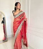 Red banarasi silk embroidered sequins work heavy look ethnic saree with blouse