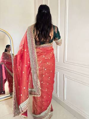 Red banarasi silk embroidered sequins work heavy look ethnic saree with blouse 2