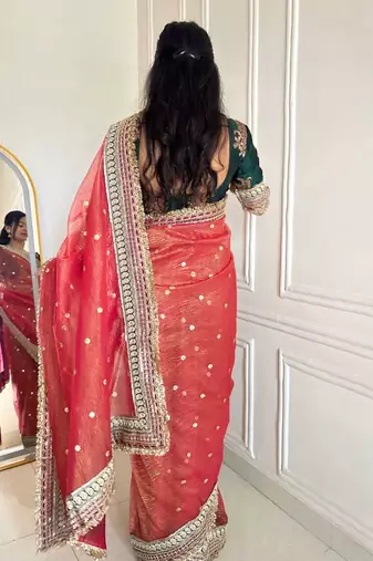 Red banarasi silk embroidered sequins work heavy look ethnic saree with blouse
