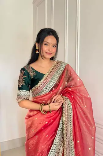 Red banarasi silk embroidered sequins work heavy look ethnic saree with blouse
