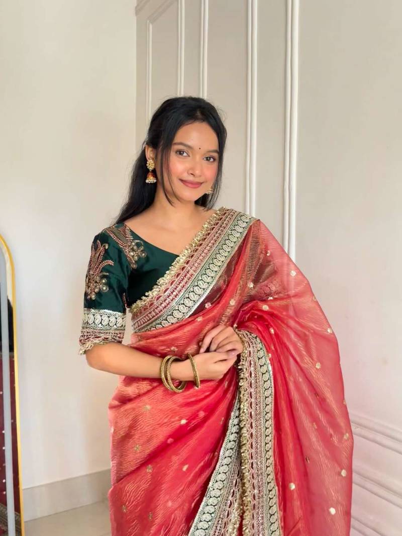 Red banarasi silk embroidered sequins work heavy look ethnic saree with blouse