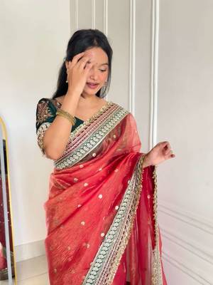Red banarasi silk embroidered sequins work heavy look ethnic saree with blouse 4