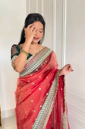 Red banarasi silk embroidered sequins work heavy look ethnic saree with blouse