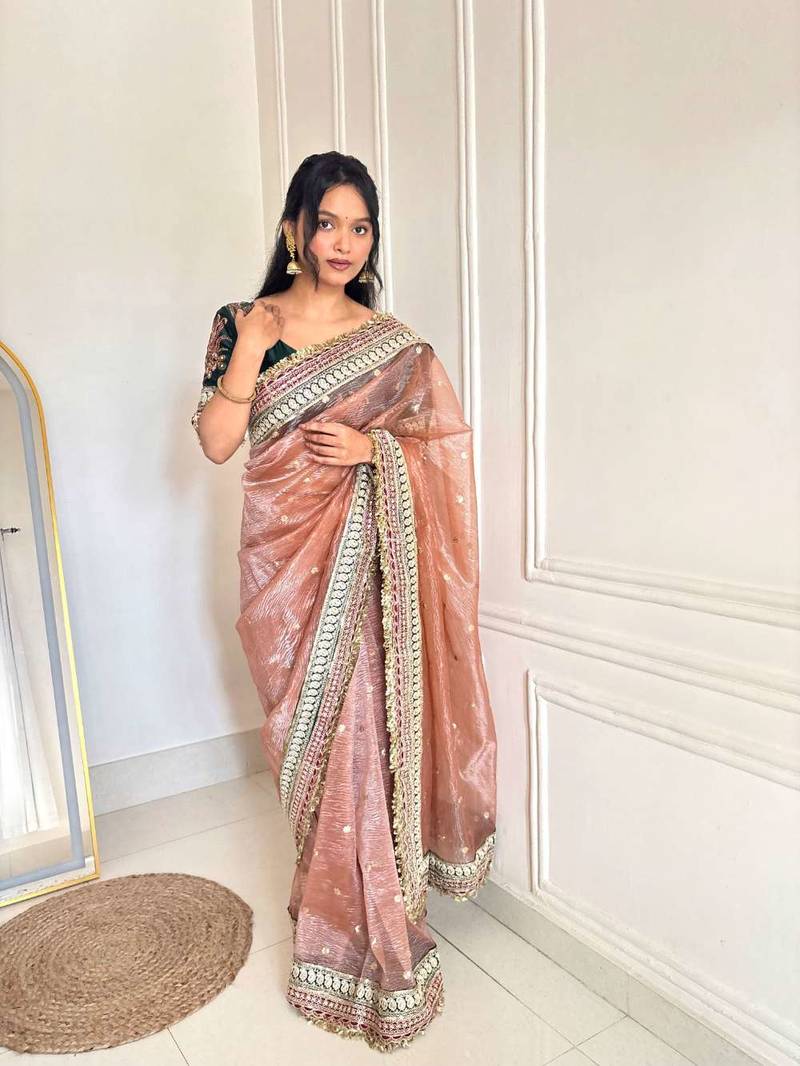 Peach banarasi silk embroidered sequins work heavy look ethnic saree with blouse