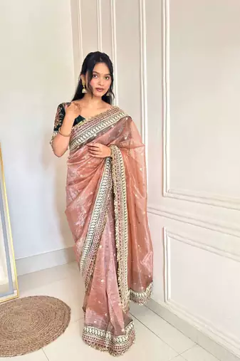 Peach banarasi silk embroidered sequins work heavy look ethnic saree with blouse