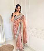 Peach banarasi silk embroidered sequins work heavy look ethnic saree with blouse