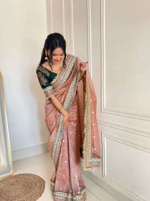 Peach banarasi silk embroidered sequins work heavy look ethnic saree with blouse 2