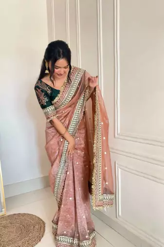 Peach banarasi silk embroidered sequins work heavy look ethnic saree with blouse