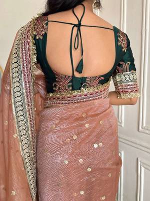Peach banarasi silk embroidered sequins work heavy look ethnic saree with blouse 3