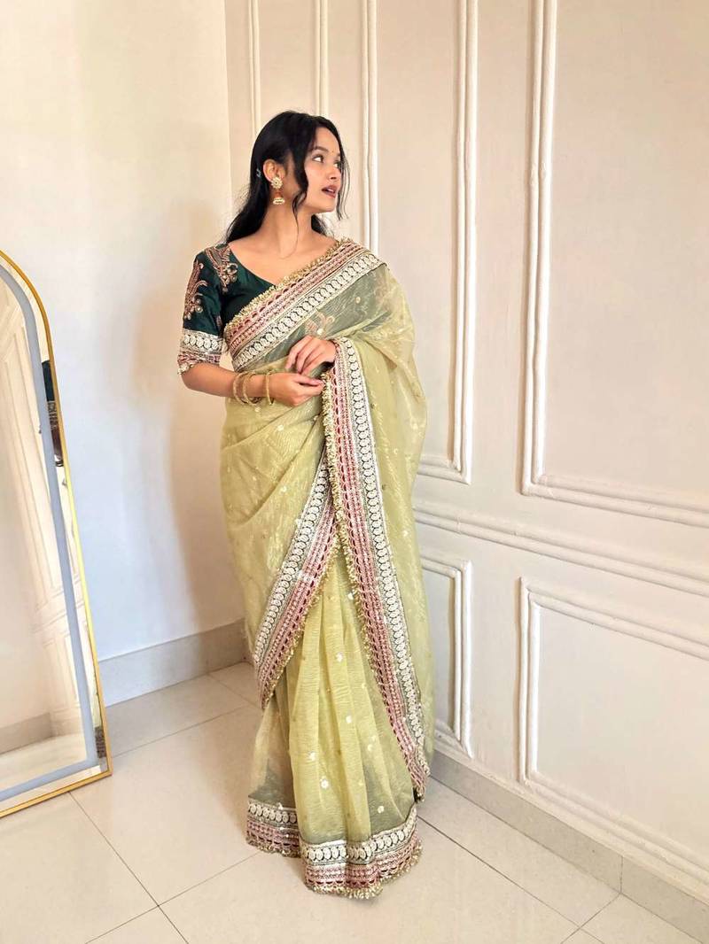 Green banarasi silk embroidered sequins work heavy look ethnic saree with blouse