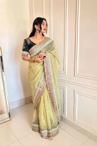 Green banarasi silk embroidered sequins work heavy look ethnic saree with blouse