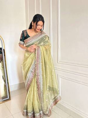 Green banarasi silk embroidered sequins work heavy look ethnic saree with blouse 2