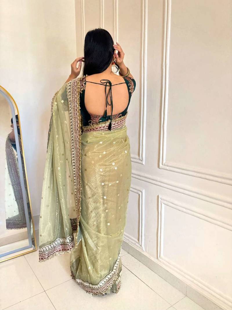 Green banarasi silk embroidered sequins work heavy look ethnic saree with blouse