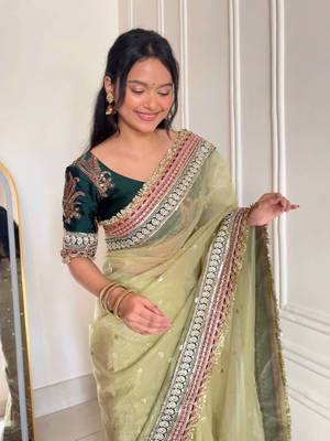 Green banarasi silk embroidered sequins work heavy look ethnic saree with blouse 4