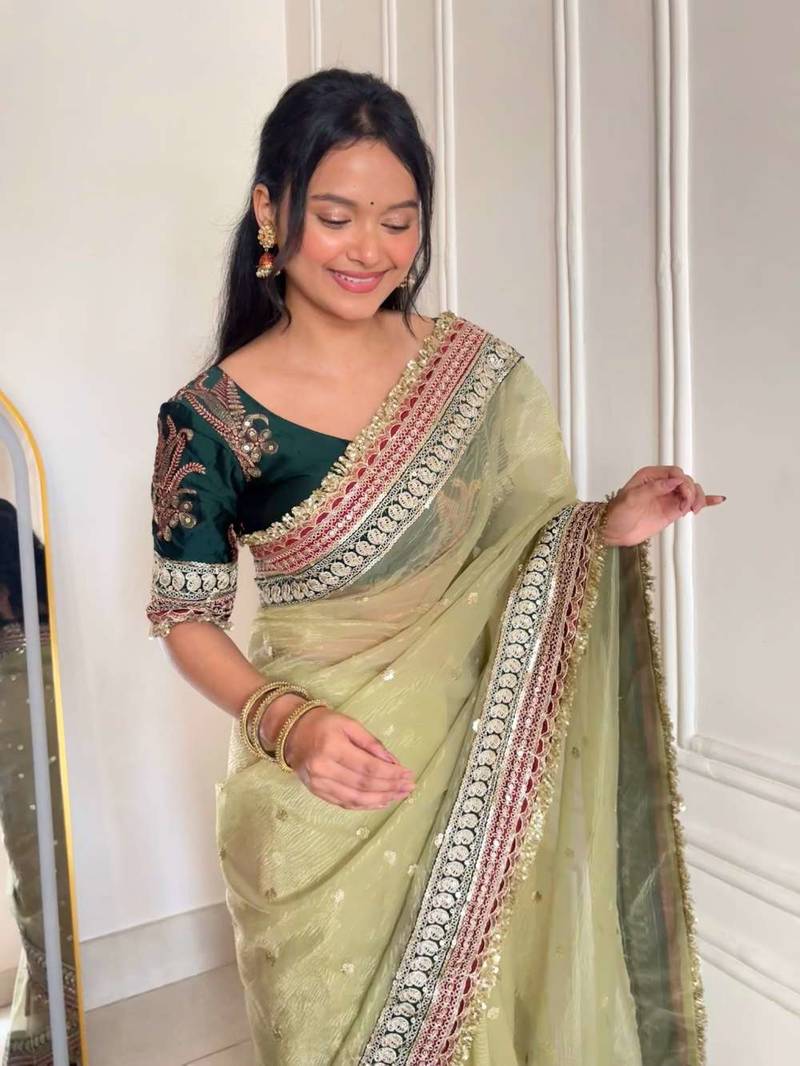 Green banarasi silk embroidered sequins work heavy look ethnic saree with blouse