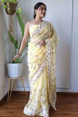 Yellow net embroidered aari work heavy look ethnic saree with blouse 1