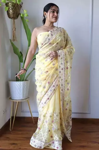 Yellow net embroidered aari work heavy look ethnic saree with blouse