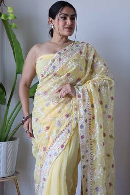 Yellow net embroidered aari work heavy look ethnic saree with blouse 2