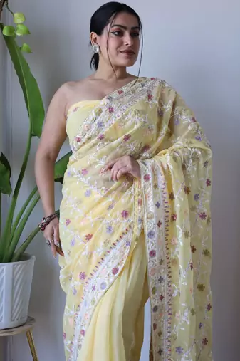 Yellow net embroidered aari work heavy look ethnic saree with blouse