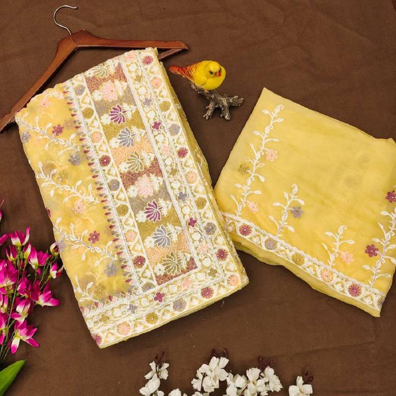 Yellow net embroidered aari work heavy look ethnic saree with blouse