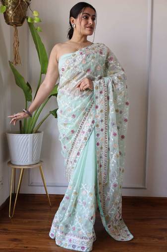 Green net embroidered aari work heavy look ethnic saree with blouse