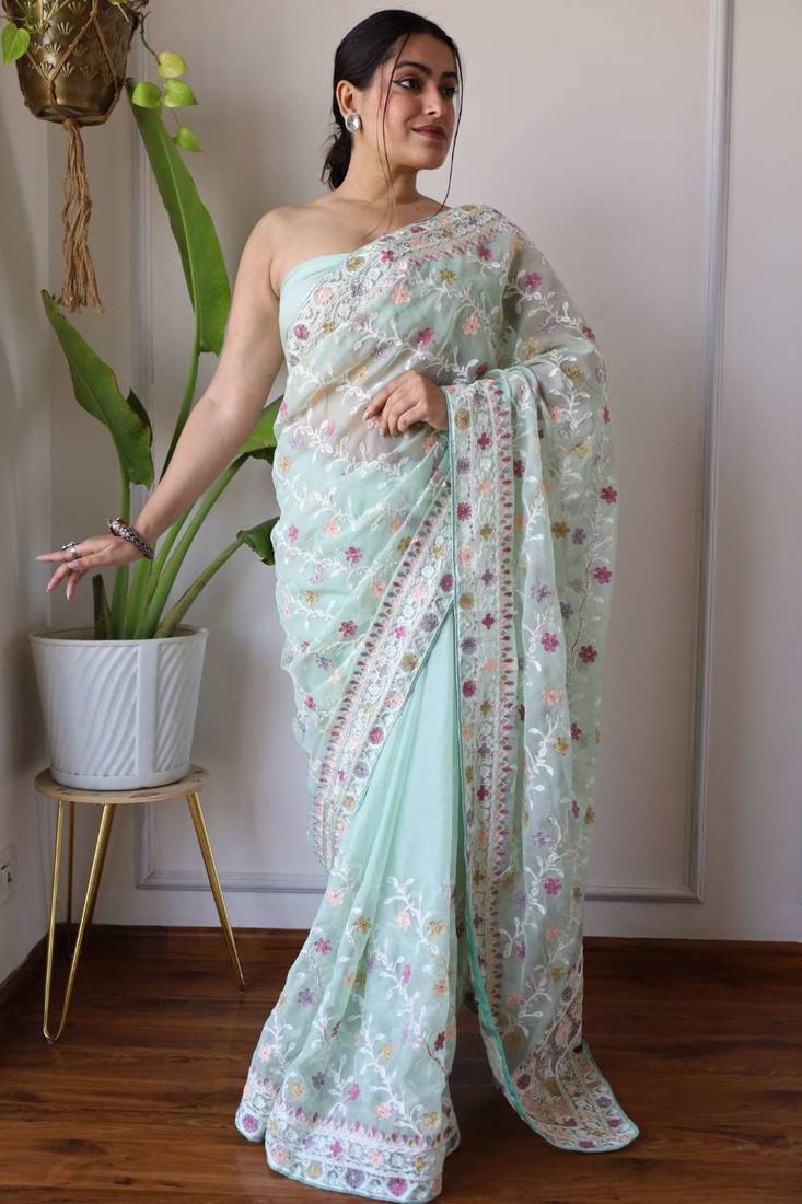 Green net embroidered aari work heavy look ethnic saree with blouse