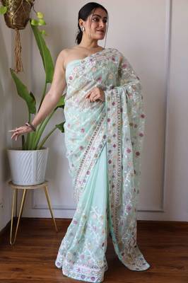 Green net embroidered aari work heavy look ethnic saree with blouse 1