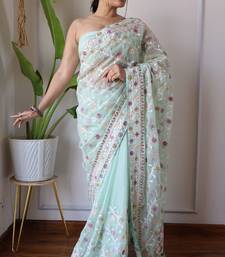 Green net embroidered aari work heavy look ethnic saree with blouse