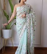 Green net embroidered aari work heavy look ethnic saree with blouse