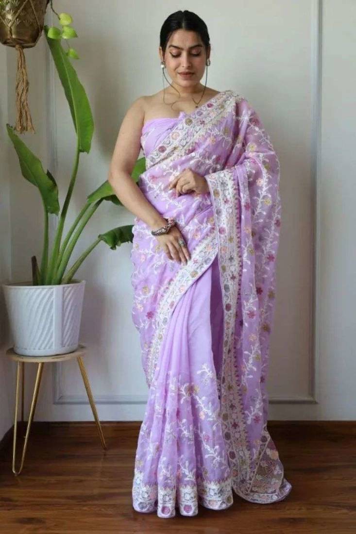 Lavender net embroidered aari work heavy look ethnic saree with blouse