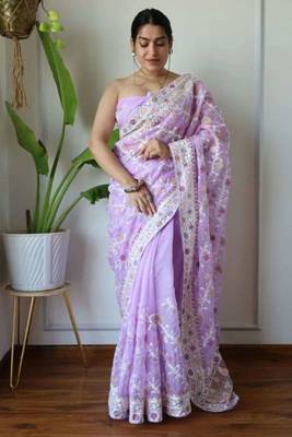 Lavender net embroidered aari work heavy look ethnic saree with blouse 1