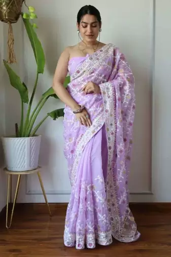 Lavender net embroidered aari work heavy look ethnic saree with blouse
