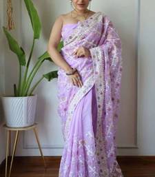 Lavender net embroidered aari work heavy look ethnic saree with blouse