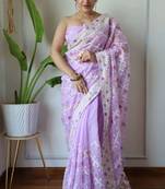 Lavender net embroidered aari work heavy look ethnic saree with blouse