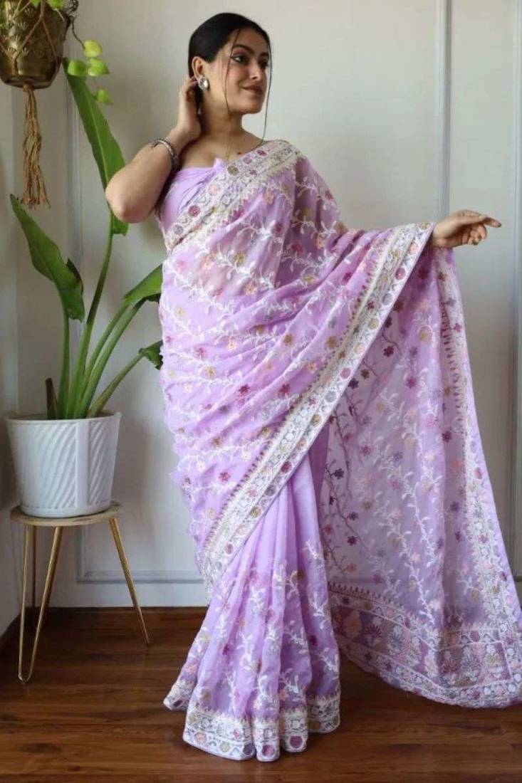 Lavender net embroidered aari work heavy look ethnic saree with blouse