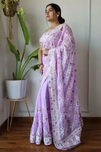 Lavender net embroidered aari work heavy look ethnic saree with blouse