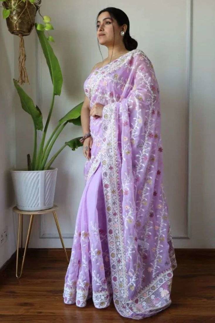 Lavender net embroidered aari work heavy look ethnic saree with blouse