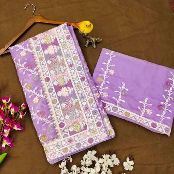 Lavender net embroidered aari work heavy look ethnic saree with blouse 4