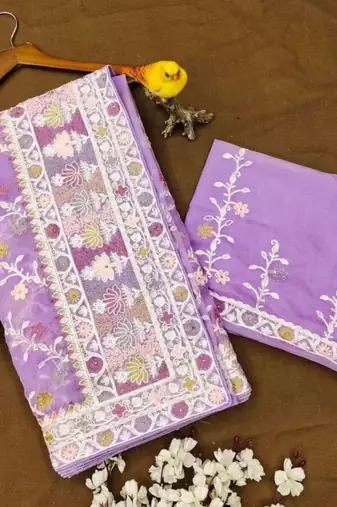 Lavender net embroidered aari work heavy look ethnic saree with blouse