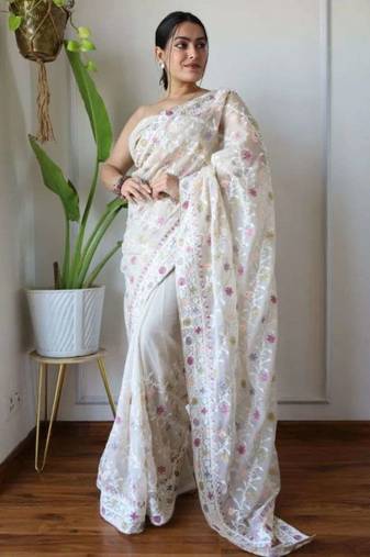 Brown net embroidered aari work heavy look ethnic saree with blouse
